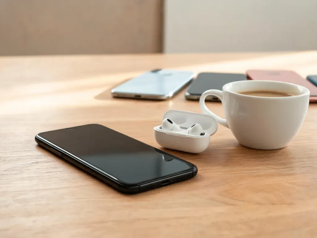 Nowoczesny smartfon z dużym ekranem na biurku obok słuchawek i kawy, w tle kilka innych modeli w różnych kolorach.