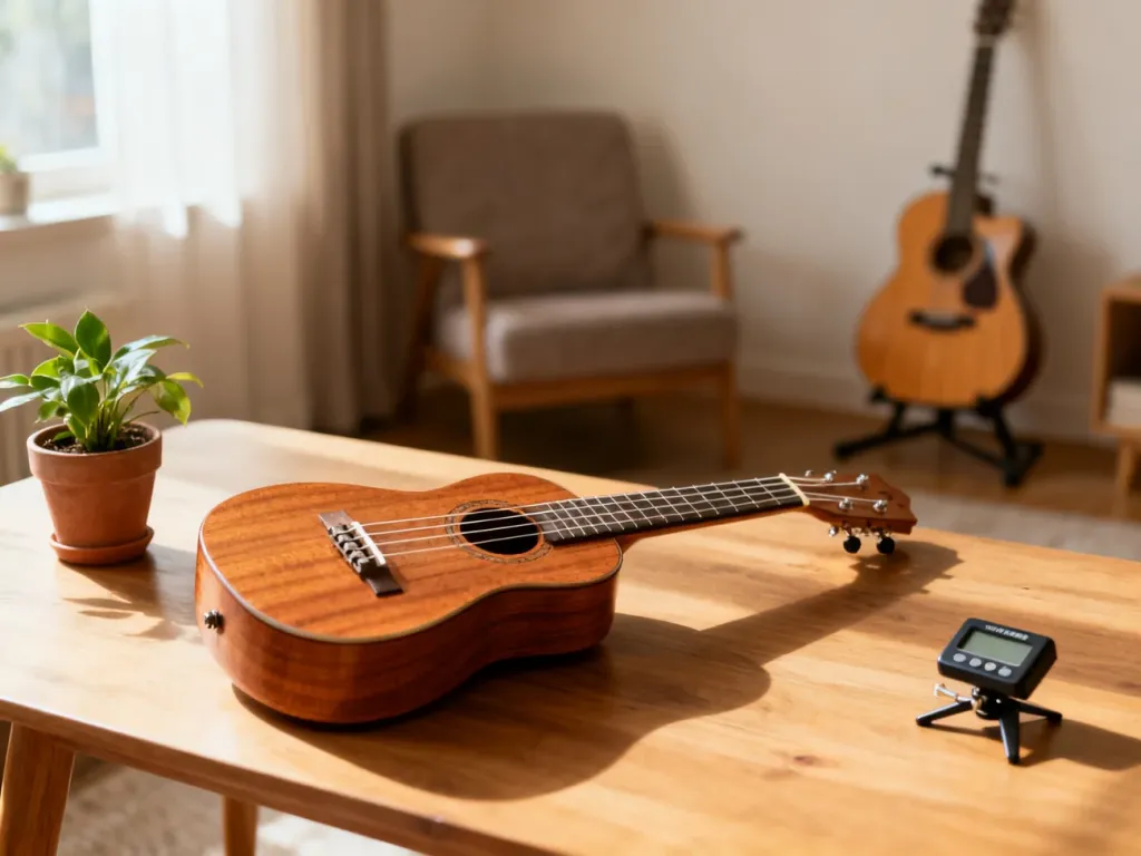 Ukulele leżące na drewnianym stole obok tunera i rośliny, w tle domowy kącik do ćwiczeń z gitarą i fotelem.