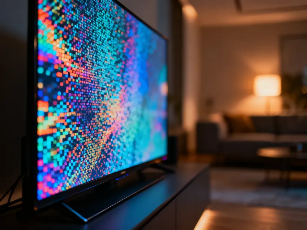 Zbliżenie na nowoczesny ekran telewizora z widocznymi pikselami, prezentujący żywe, abstrakcyjne kolory.