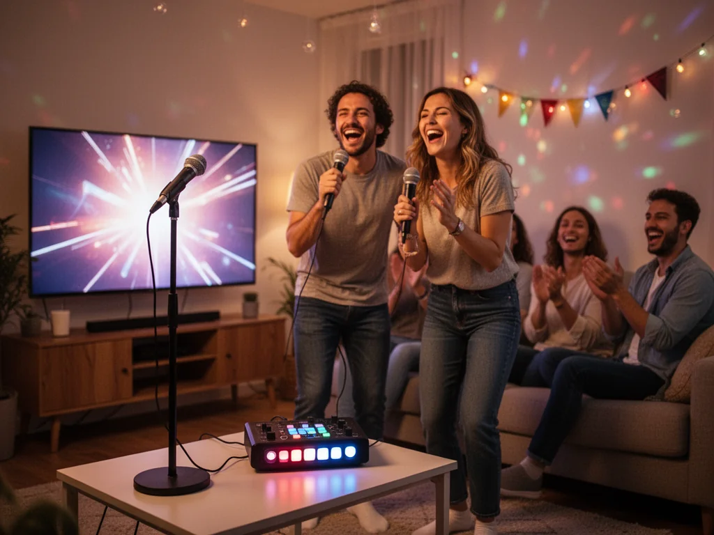 Przytulna domówka z zestawem karaoke, mikrofonami i telewizorem, gdzie znajomi śpiewają, klaszczą i wspólnie się bawią.