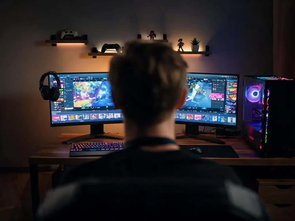 Przytulne stanowisko streamera z dwoma monitorami, kolorowym czatem i grą, ilustrujące świat popularnych transmisji online.