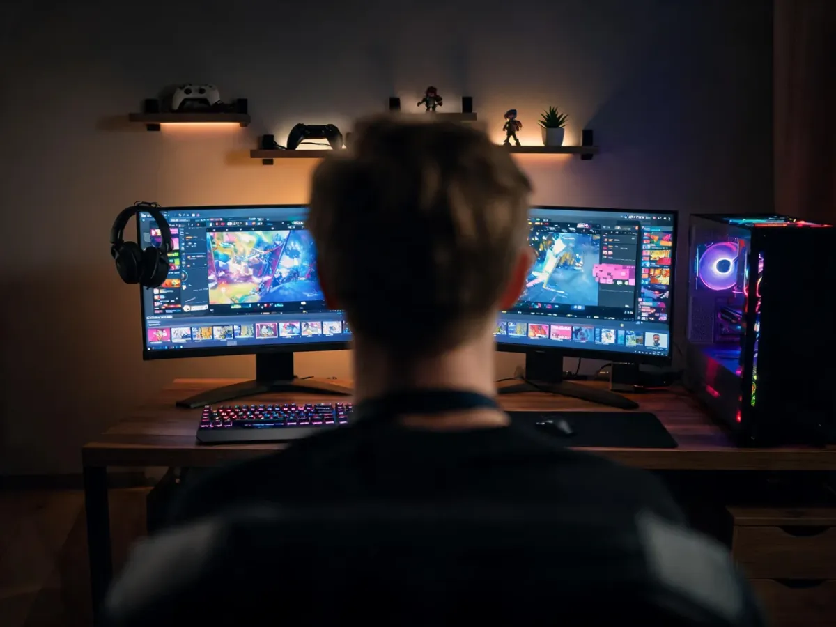 Przytulne stanowisko streamera z dwoma monitorami, kolorowym czatem i grą, ilustrujące świat popularnych transmisji online.
