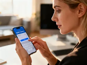 Nowoczesny smartfon z dużym ekranem na biurku obok słuchawek i kawy, w tle kilka innych modeli w różnych kolorach.
