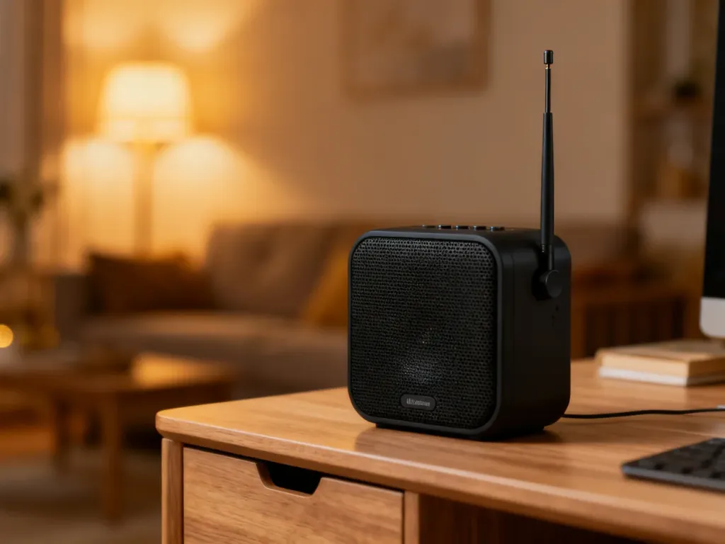Nowoczesny głośnik Bluetooth z radiem FM ustawiony na drewnianym biurku w przytulnym, rozmytym salonie.
