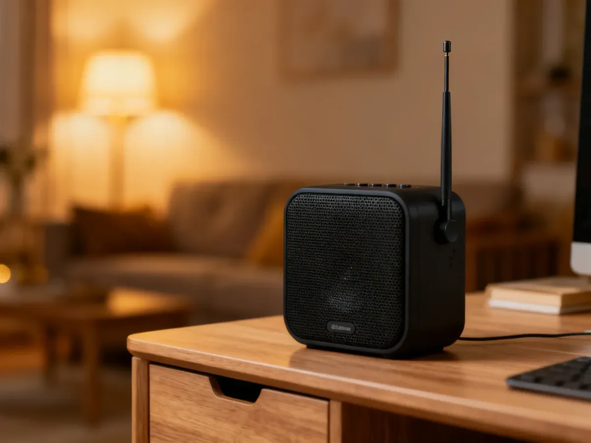 Nowoczesny głośnik Bluetooth z radiem FM ustawiony na drewnianym biurku w przytulnym, rozmytym salonie.