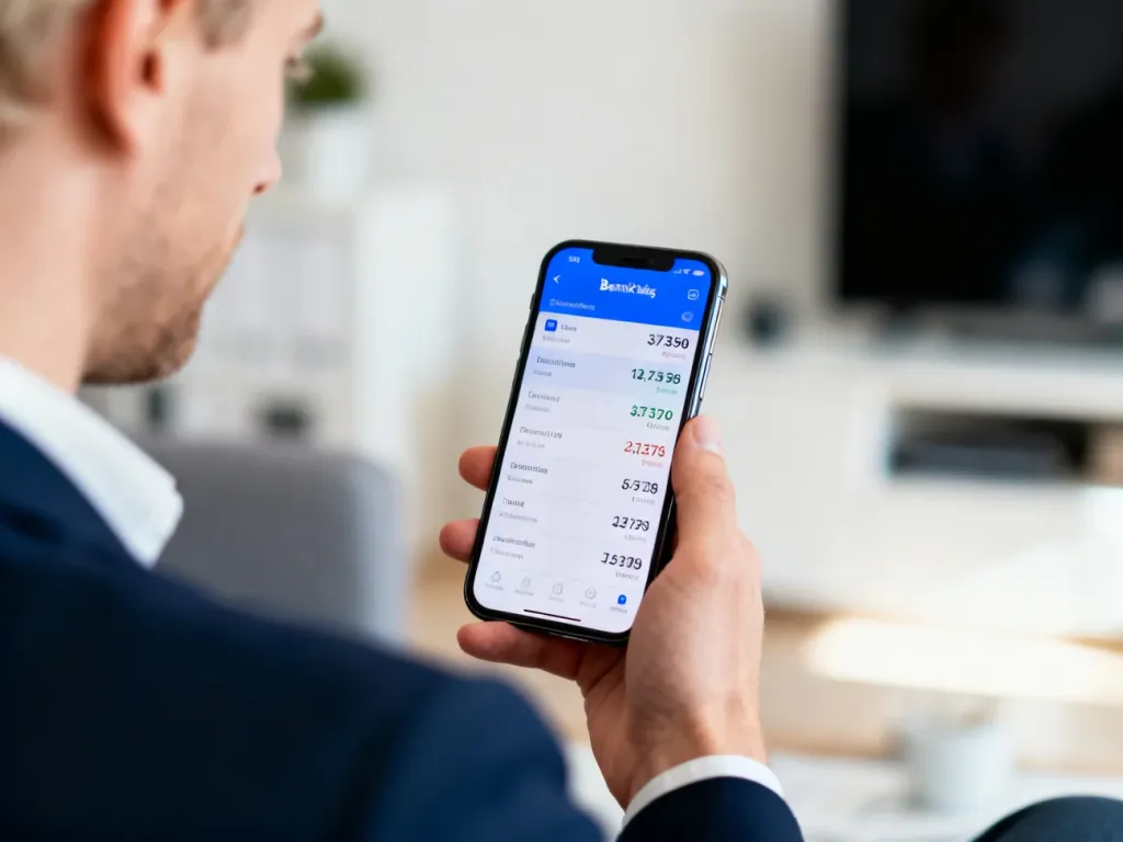 Osoba sprawdzająca dane finansowe w aplikacji bankowej na smartfonie w nowoczesnym biurze.
