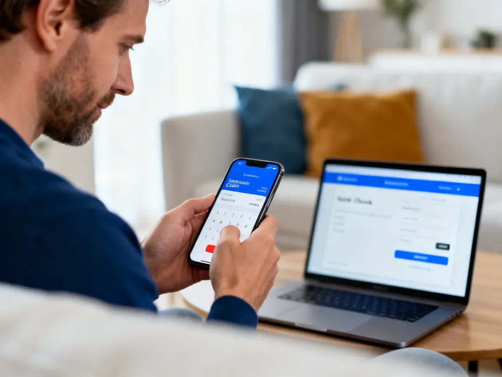 Mężczyzna dokonujący płatności online za pomocą smartfona w przytulnym salonie, z widocznym w tle ekranem bezpiecznej płatności.