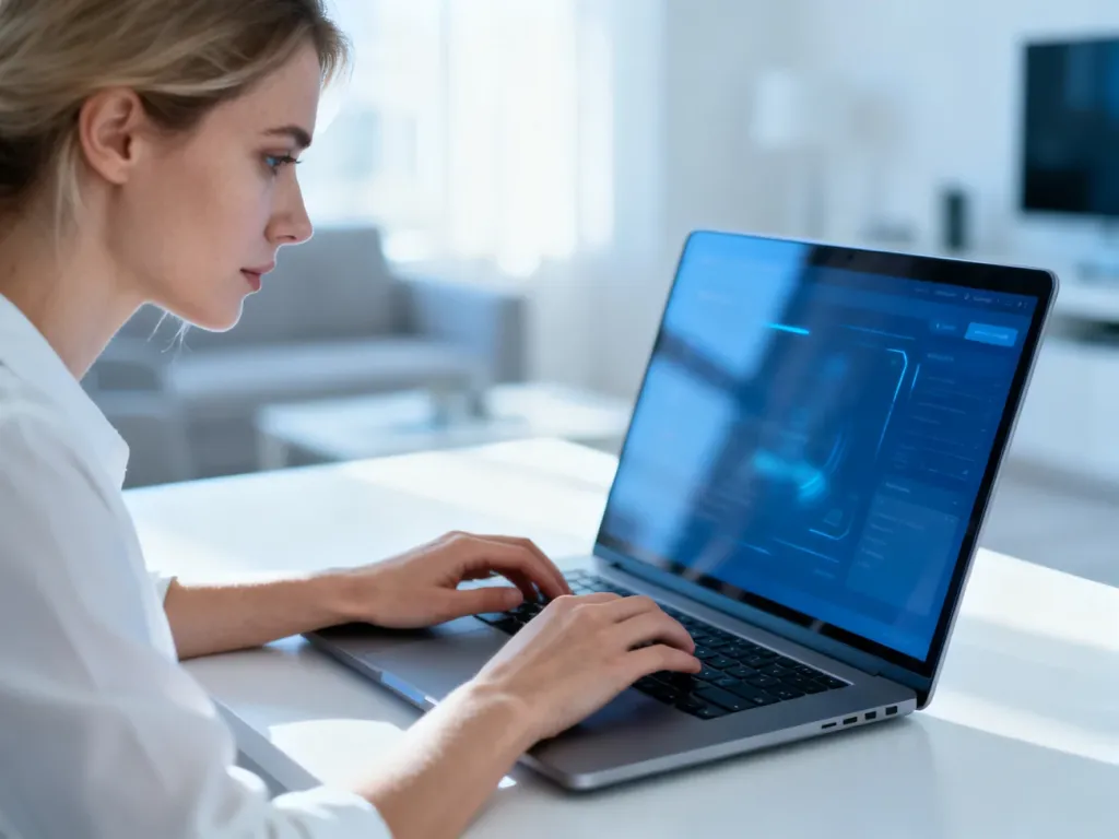 Kobieta pracująca przy laptopie w nowoczesnym biurze, logująca się do panelu klienta Versum.
