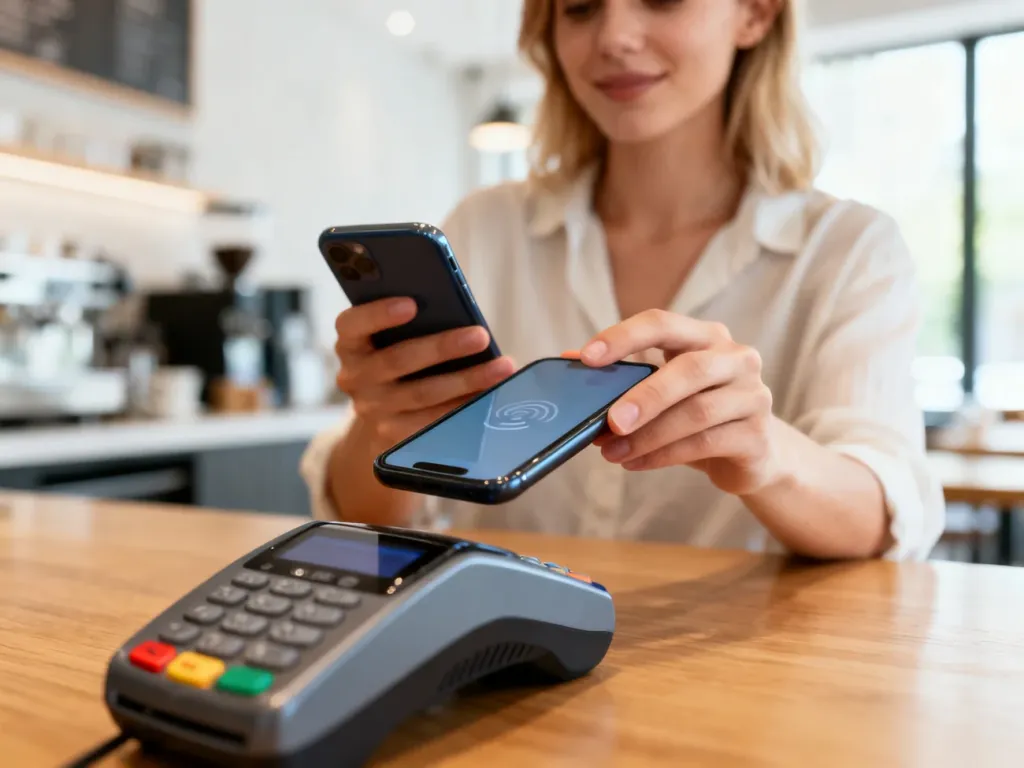 Kobieta zbliżająca smartfon do terminala płatniczego w kawiarni, ilustrująca wygodę korzystania z płatności zbliżeniowych.
