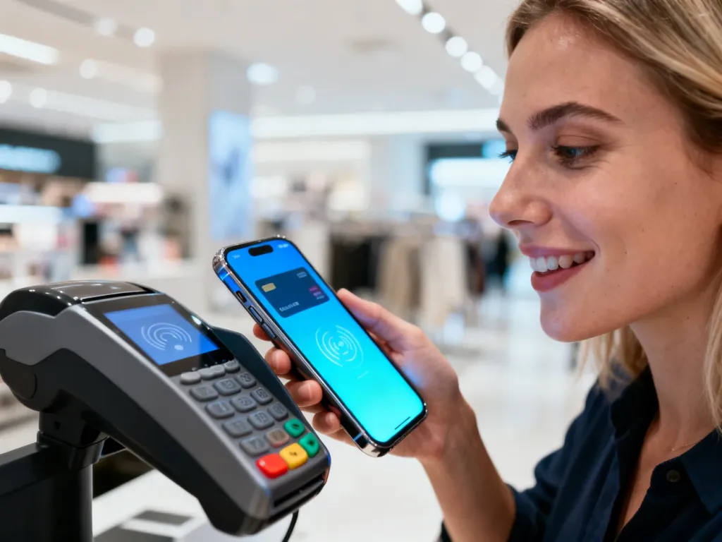 Kobieta płacąca zbliżeniowo smartfonem z widocznym interfejsem karty płatniczej przy terminalu w nowoczesnym sklepie.
