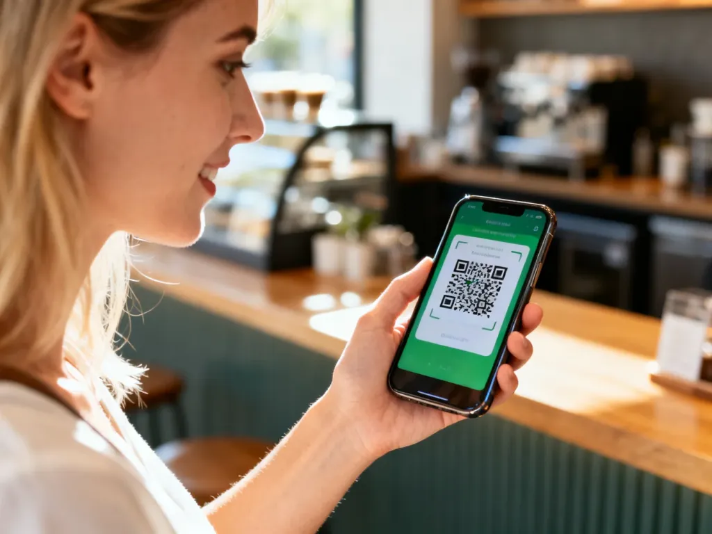 Kobieta skanująca smartfonem kod QR w kawiarni, co ilustruje proces płatności mobilnej Visa Mobile.