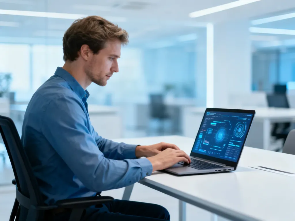 Pracownik biurowy korzystający z laptopa w nowoczesnym wnętrzu, logujący się do systemu informatycznego.