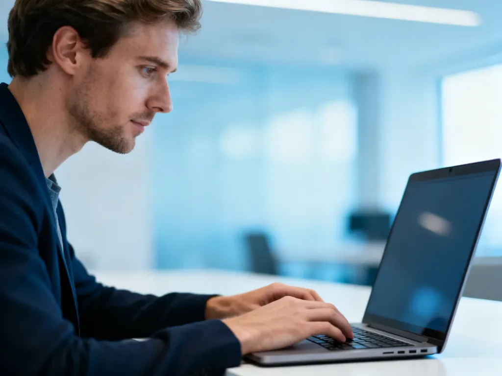 Mężczyzna pracujący przy laptopie w nowoczesnym biurze, symbolizujący dostęp do systemu PZU Everest.