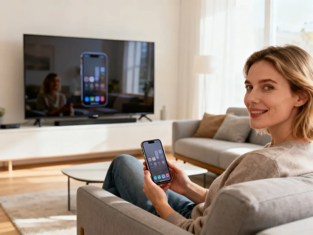 Kobieta siedząca na kanapie trzyma iPhone’a, którego ekran jest bezprzewodowo wyświetlany na telewizorze w salonie.