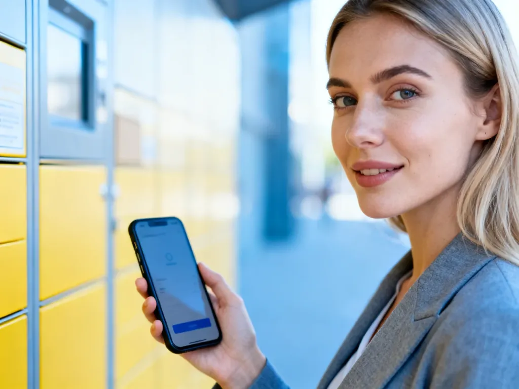 Kobieta korzystająca ze smartfona przy paczkomacie InPost, prezentująca proces płatności w usłudze InPost Pay.