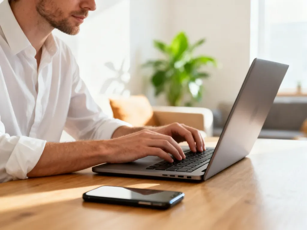Mężczyzna pracujący przy laptopie w nowoczesnym biurze domowym, korzystający z narzędzi do zarządzania firmą.