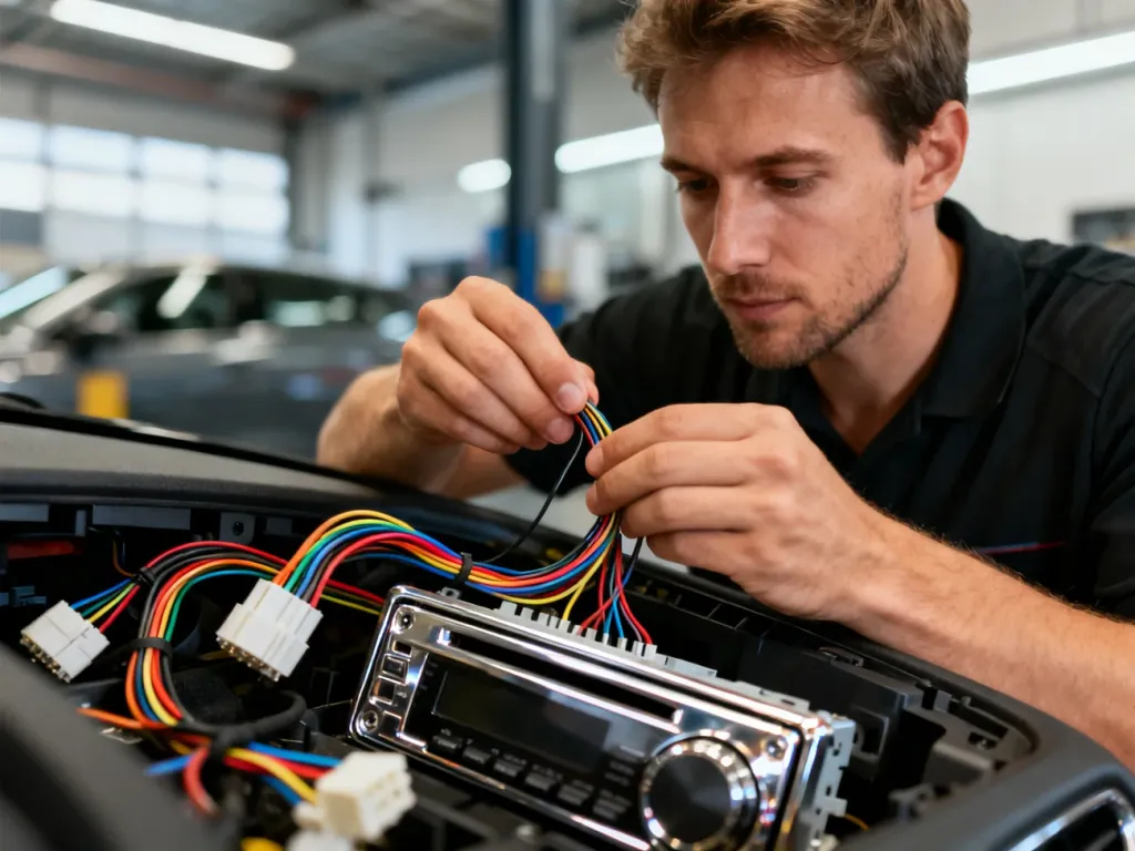 Mężczyzna precyzyjnie łączy kolorowe przewody elektryczne podczas montażu radia w desce rozdzielczej samochodu.