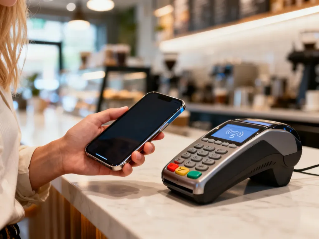 Kobieta płaci zbliżeniowo telefonem za pomocą Google Pay przy terminalu w kawiarni.