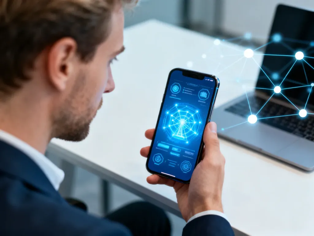Mężczyzna trzyma smartfon z otwartym menu ustawień sieciowych, symbolizującym konfigurację parametrów APN.
