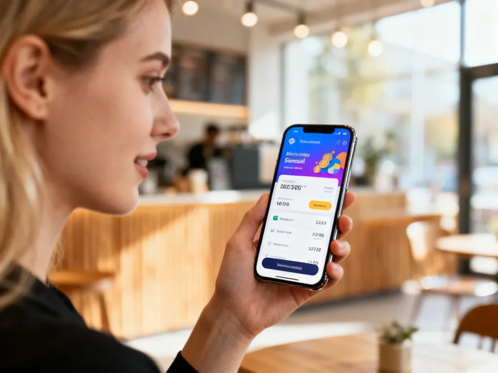 Kobieta trzymająca smartfon z otwartą aplikacją finansową w przytulnej kawiarni, ilustrująca korzystanie z usług Revolut.