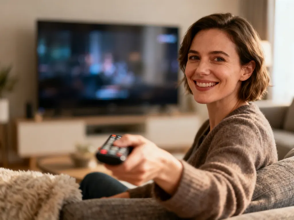 Uśmiechnięta kobieta siedząca na kanapie z pilotem w dłoni, przygotowująca się do oglądania Netflixa na telewizorze.
