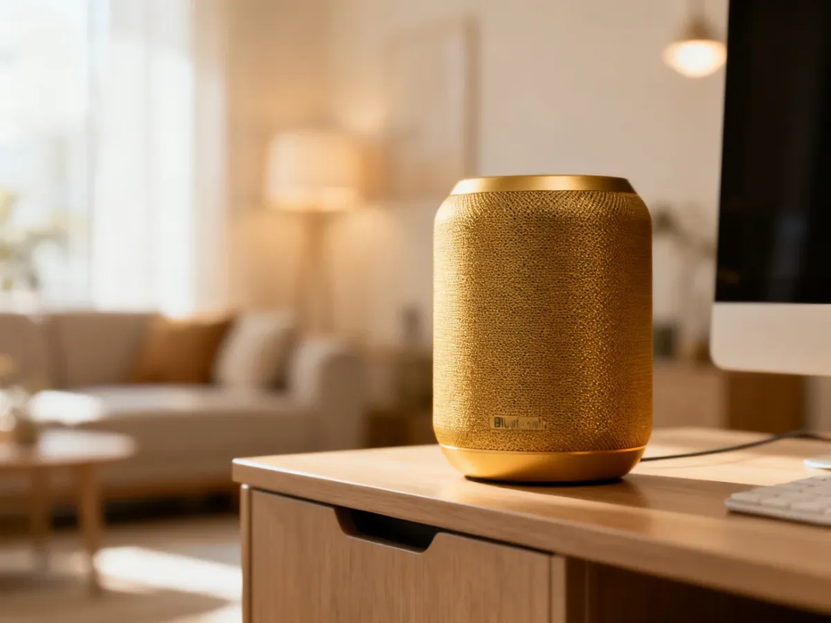 Nowoczesny głośnik Bluetooth klasy premium na drewnianym biurku w przytulnym salonie.