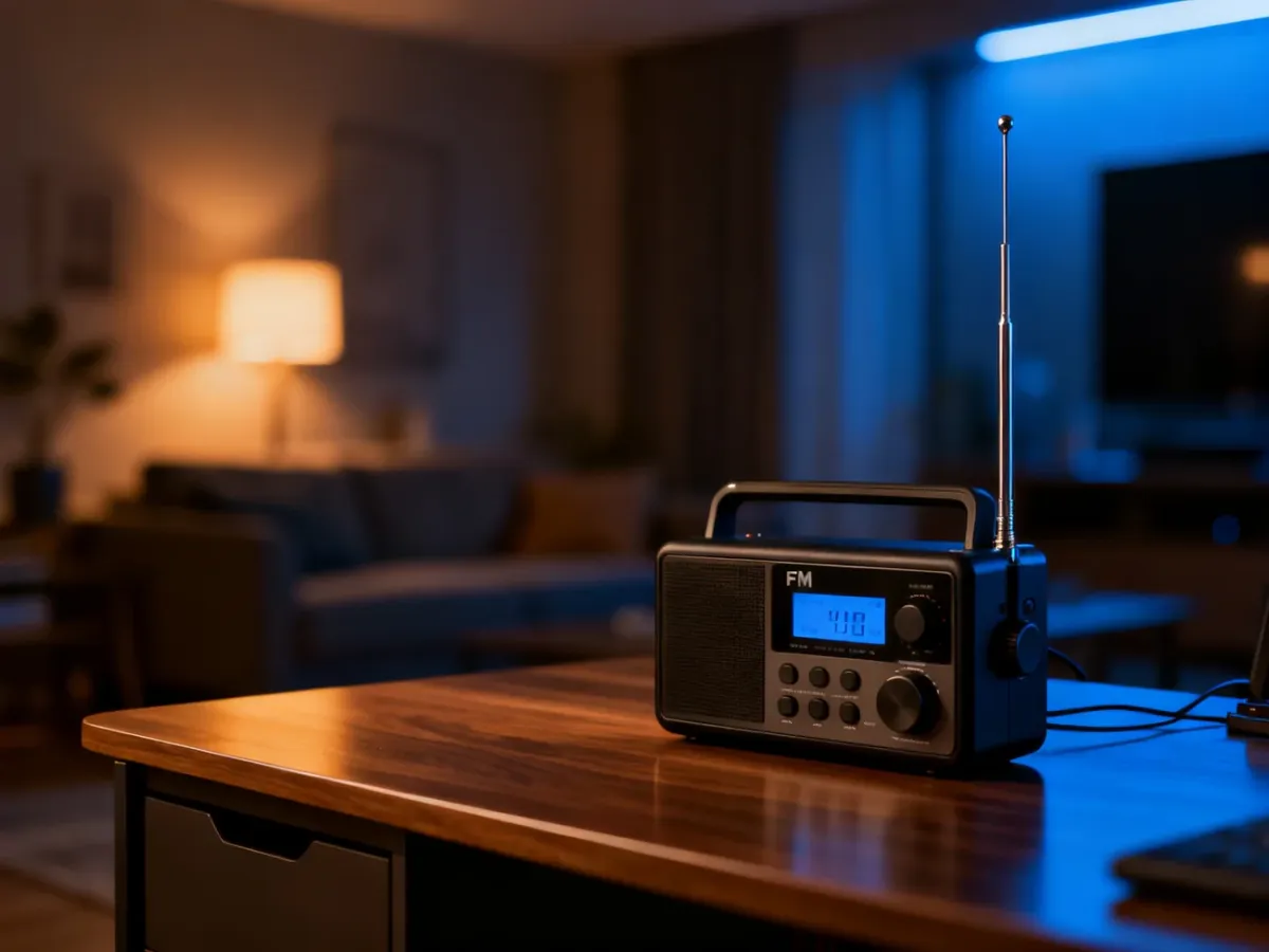 Nowoczesna antena radiowa FM umieszczona na drewnianym biurku w przytulnym, minimalistycznym salonie.