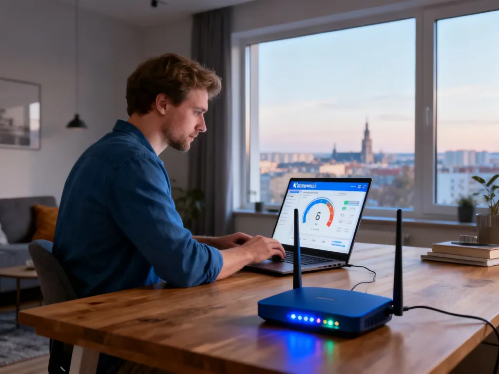 Mężczyzna w katowickim mieszkaniu sprawdza prędkość internetu na laptopie, obok świecący router Wi‑Fi, no text on the picture